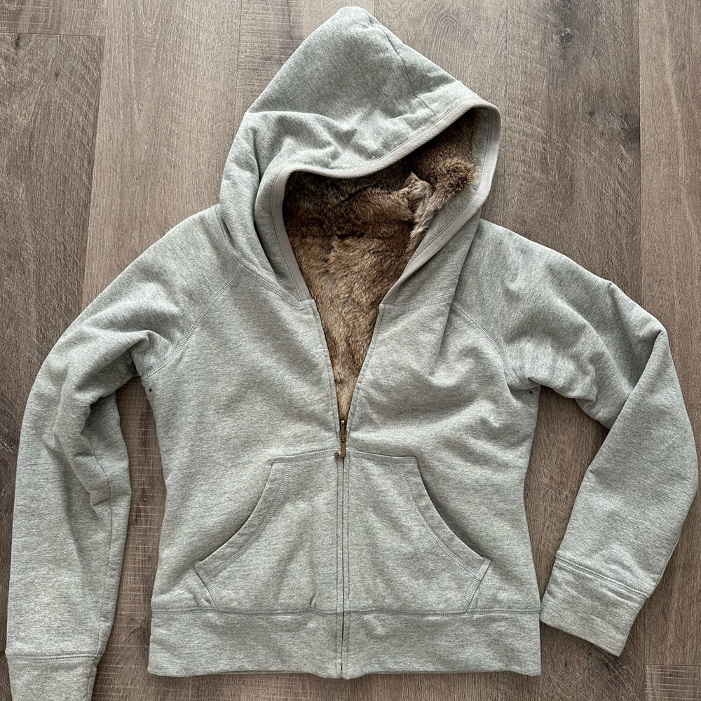 Juicy Couture Heather Gray Zip-Up Hoodie with Rabbit Fur Lining.